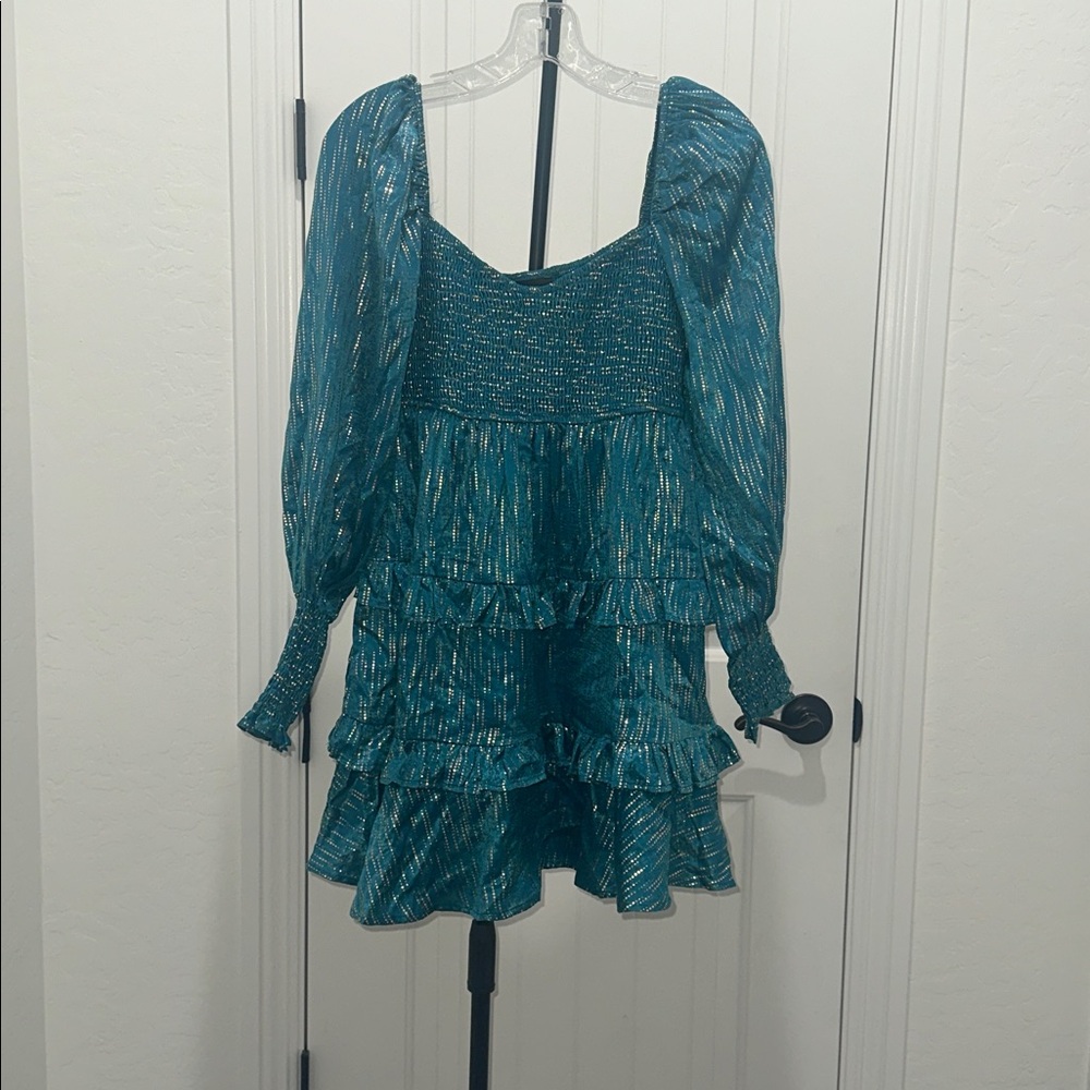 VICI Shine On Metallic Turquoise Baby Doll Smocked Top Tiered Mini Dress Size S - Picture 7 of 14